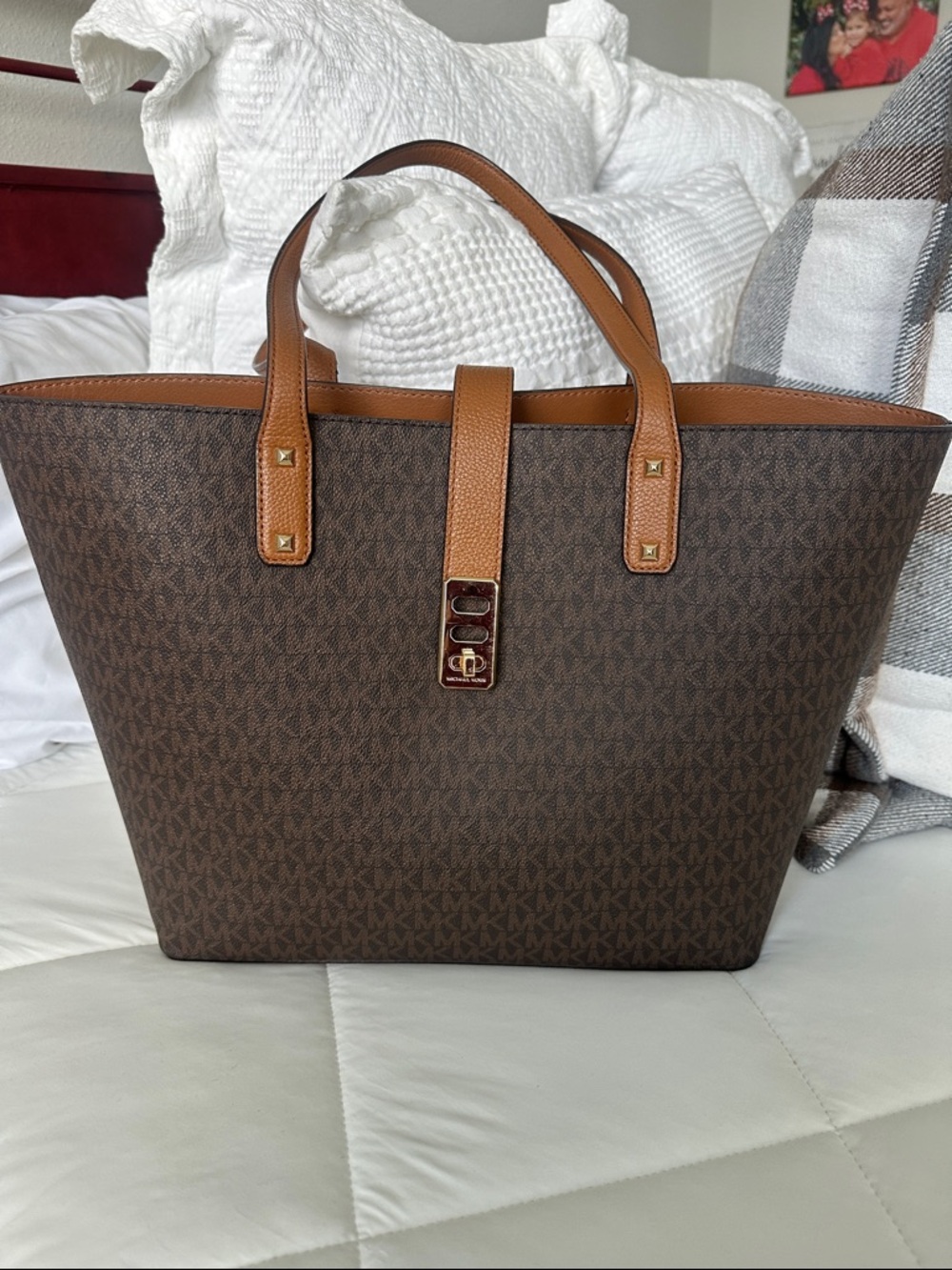 Michael Kors Brown Monogram Tote with Tan Leather Trim